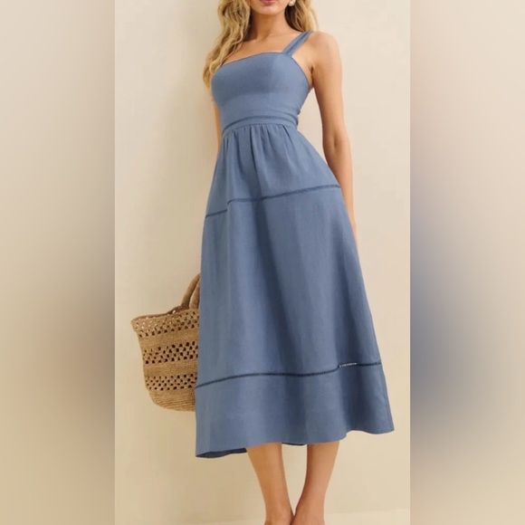 Reformation Everett Linen Dress 6 Cornflower $298 - Picture 2 of 12